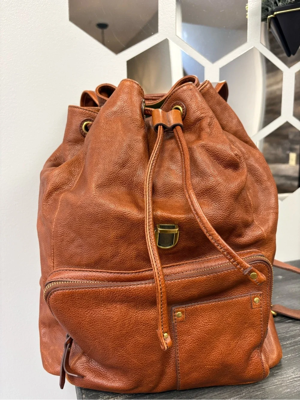 Fossil Tan Leather Backpack with Front Pocket